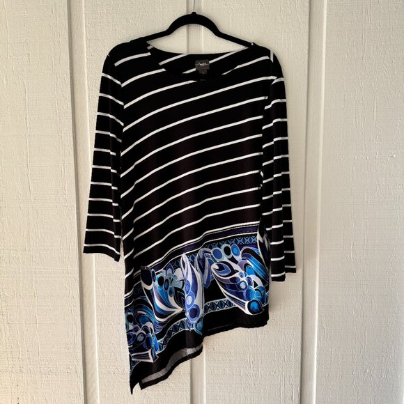 New Rare Chico's Travelers Black White Diagonal Stripe Top 2 = L Large 12 14 - Picture 2 of 4